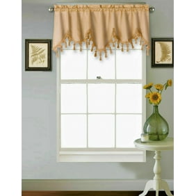 55x18 In Coffee Melanie Faux Silk Scalloped Window Valance With Beaded Tassels